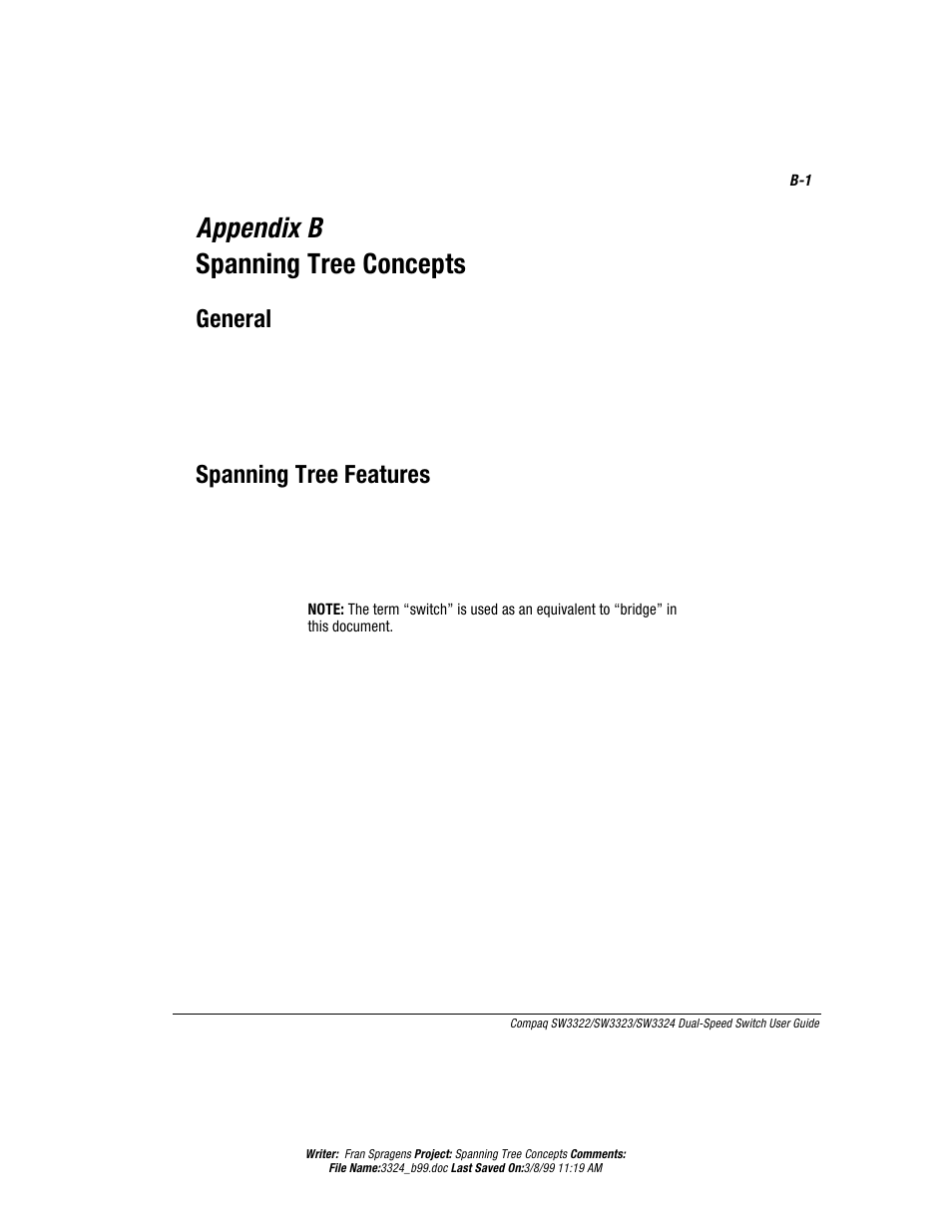 Appendix b, Spanning tree concepts, General | Spanning tree features, Ttirhm\& 7terrmrk8vii'srgitxw, Irivep, 7terrmrk8vii*iexyviw | Compaq SW3322 User Manual | Page 96 / 119