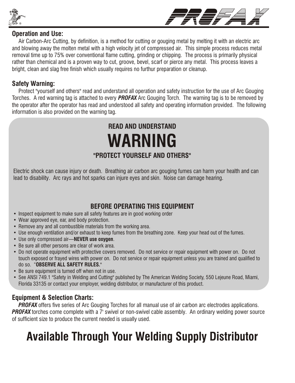 Warning, Available through your welding supply distributor | Profax AEC 5000 User Manual | Page 4 / 4