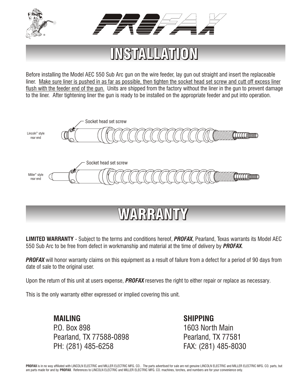 Parts list | Profax AEC 550 SUB ARC User Manual | Page 3 / 4