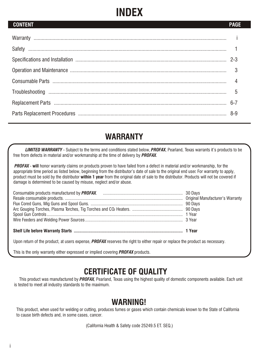 Index, Warranty, Certificate of quality | Warning | Profax AEC 200-4D User Manual | Page 2 / 12