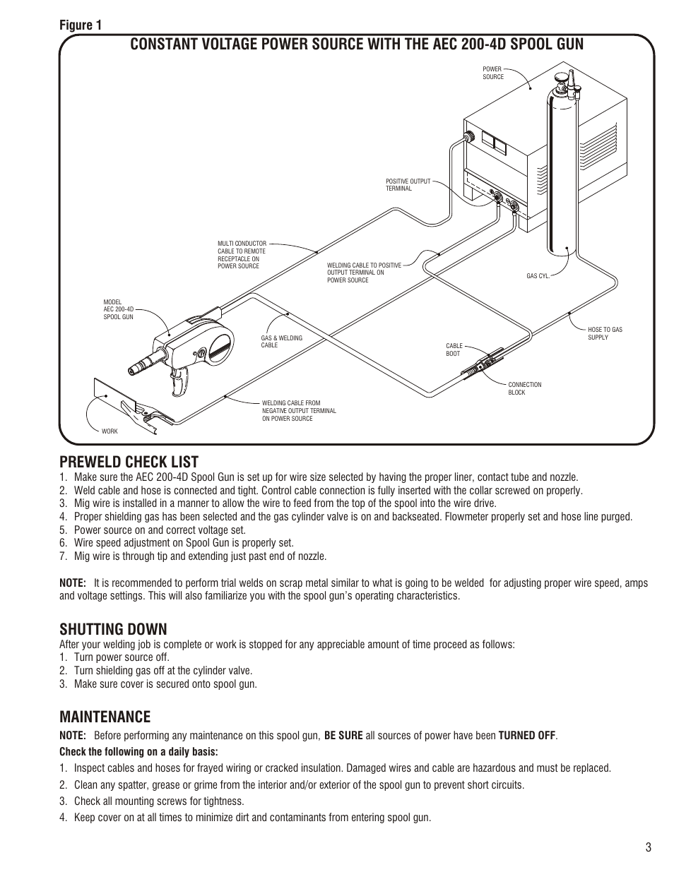 Aec 200-4d specifications, Warning, Preweld check list | Shutting down, Maintenance | Profax AEC 200-4D User Manual | Page 5 / 12