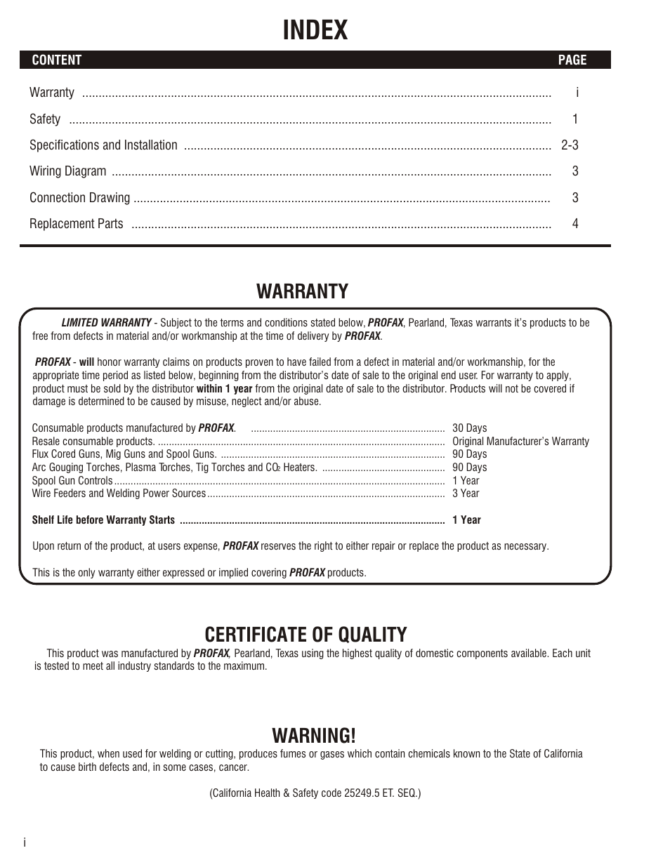 Index, Warranty, Certificate of quality | Warning | Profax AEC 200-LVC User Manual | Page 2 / 8