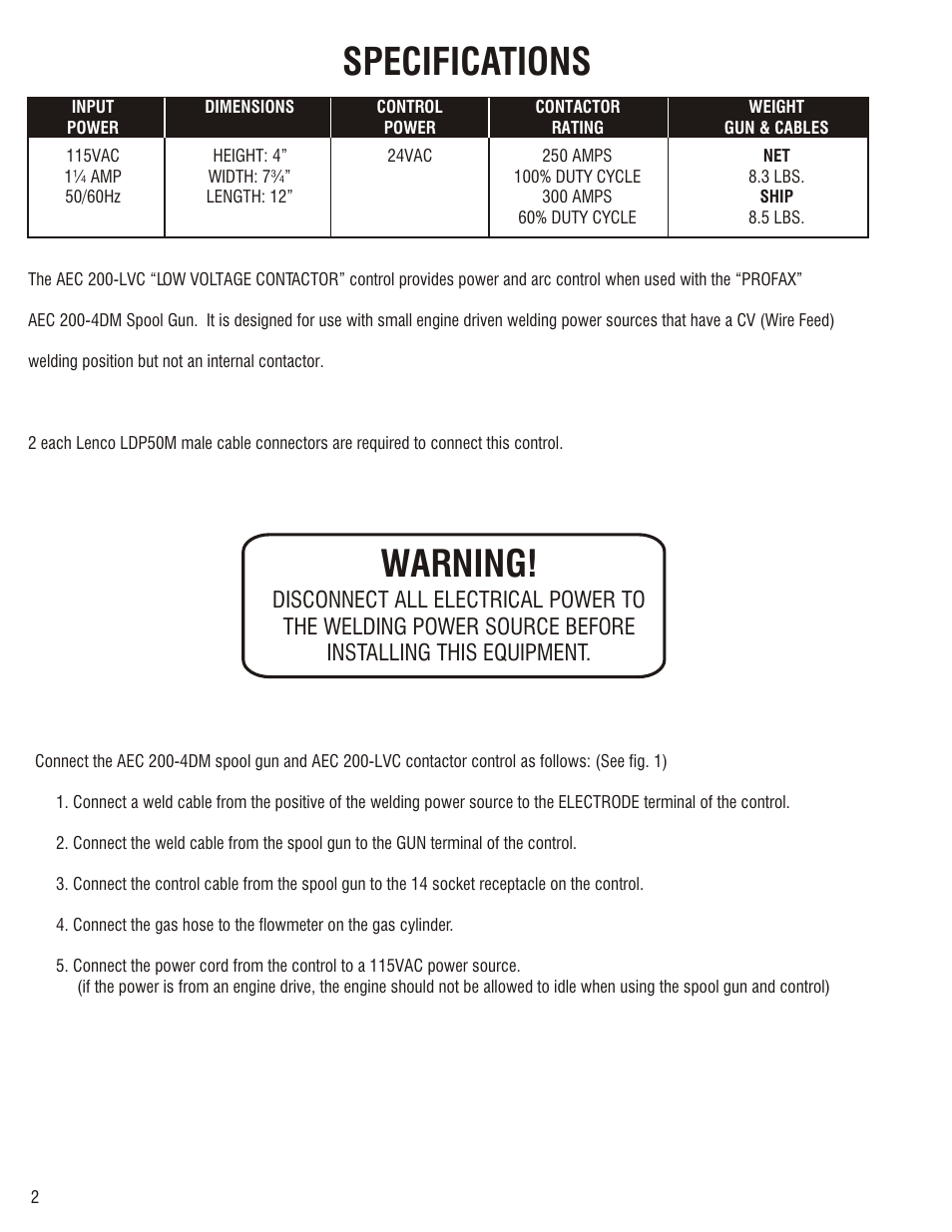 Aec 200-lvc, Specifications, Warning | Fig. 1 | Profax AEC 200-LVC User Manual | Page 4 / 8