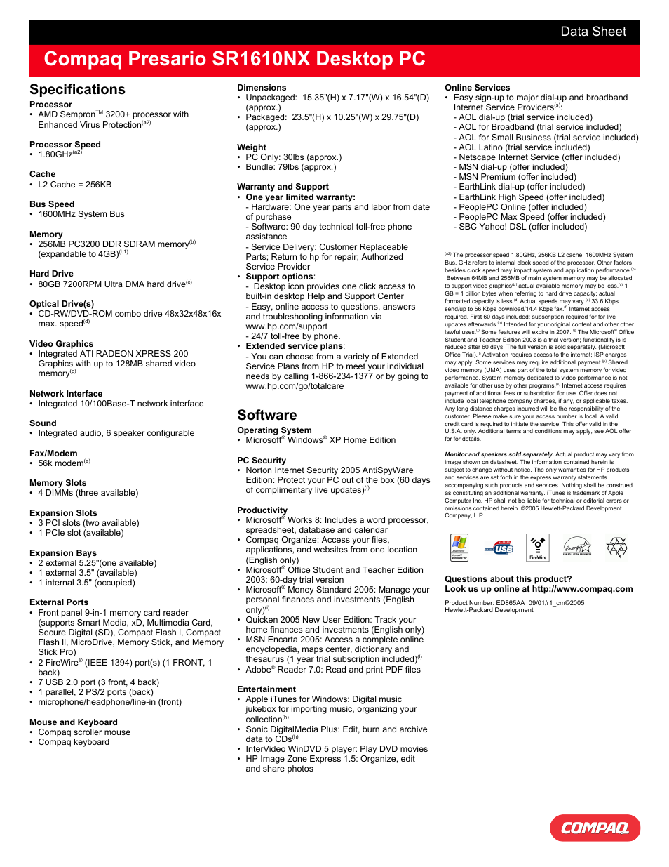 Compaq presario sr1610nx desktop pc, Specifications, Software | Data sheet | Compaq Presario SR1610NX User Manual | Page 2 / 2
