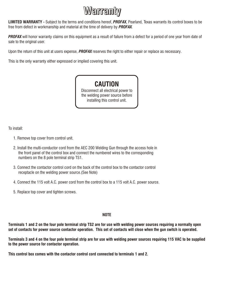 Caution | Profax AEC 200-1 User Manual | Page 2 / 4