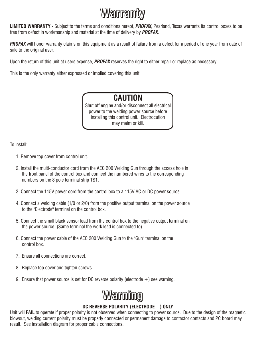 Caution | Profax AEC 200-3A User Manual | Page 2 / 4