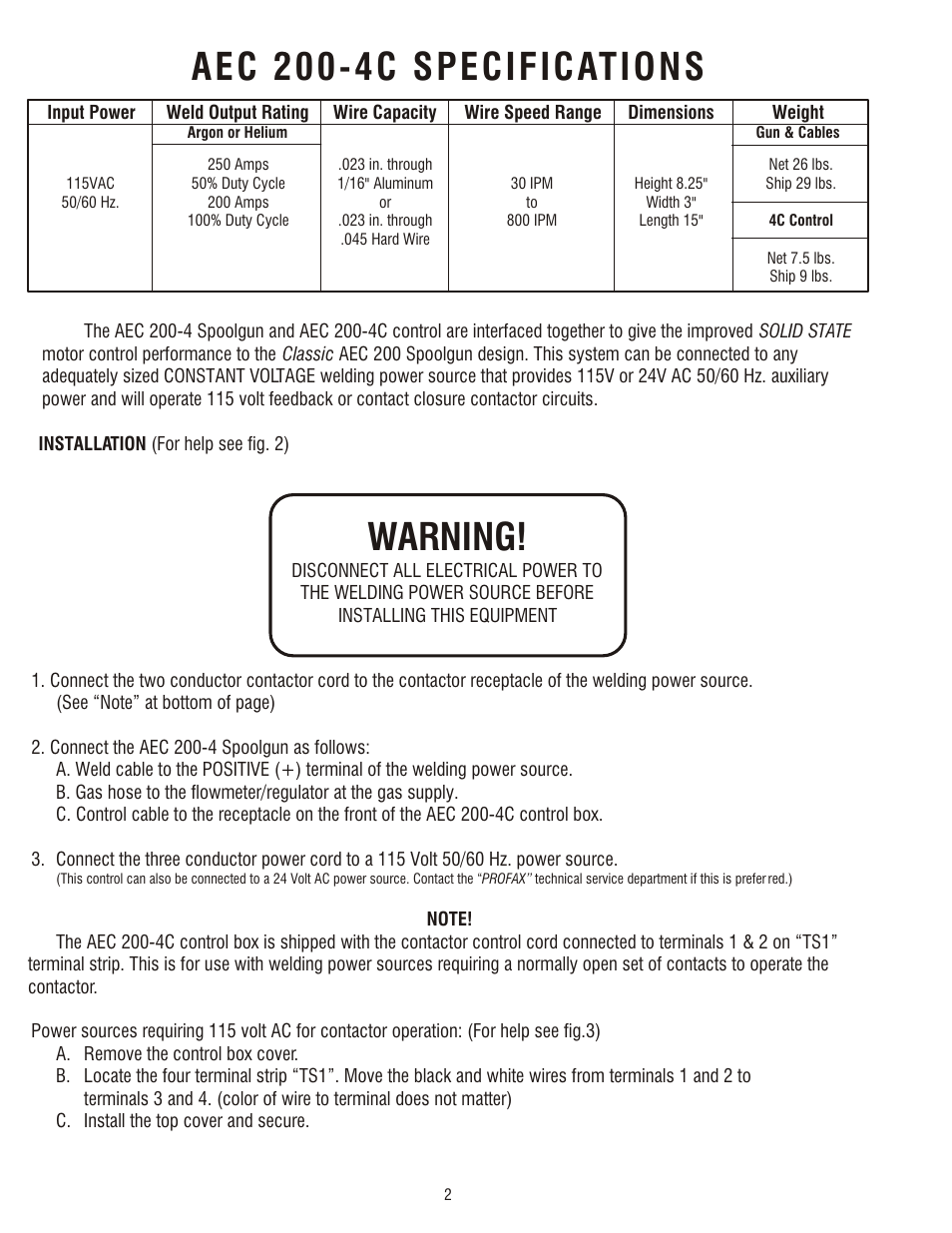 Aec 200-4c specifications, Warning, Preweld check list | Shutting down, Maintenance | Profax AEC 200-4C User Manual | Page 4 / 12