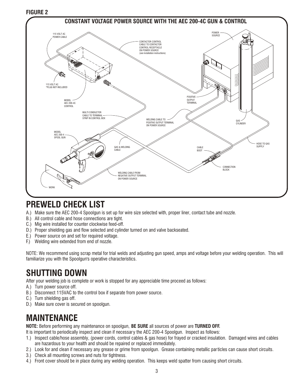 Aec 200-4c specifications, Warning, Preweld check list | Shutting down, Maintenance | Profax AEC 200-4C User Manual | Page 5 / 12