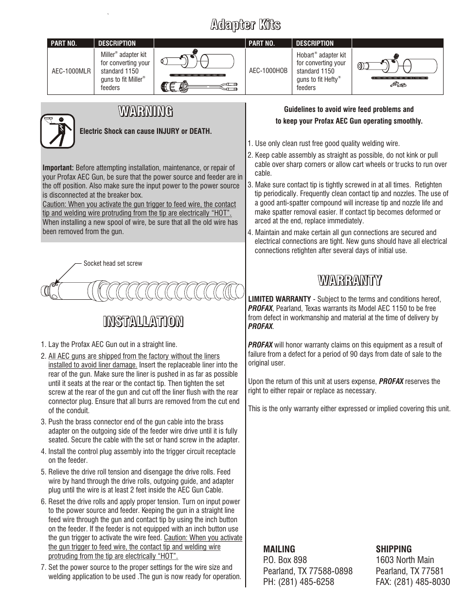 Parts breakdown, Adapter kits | Profax AEC 1150 User Manual | Page 3 / 4