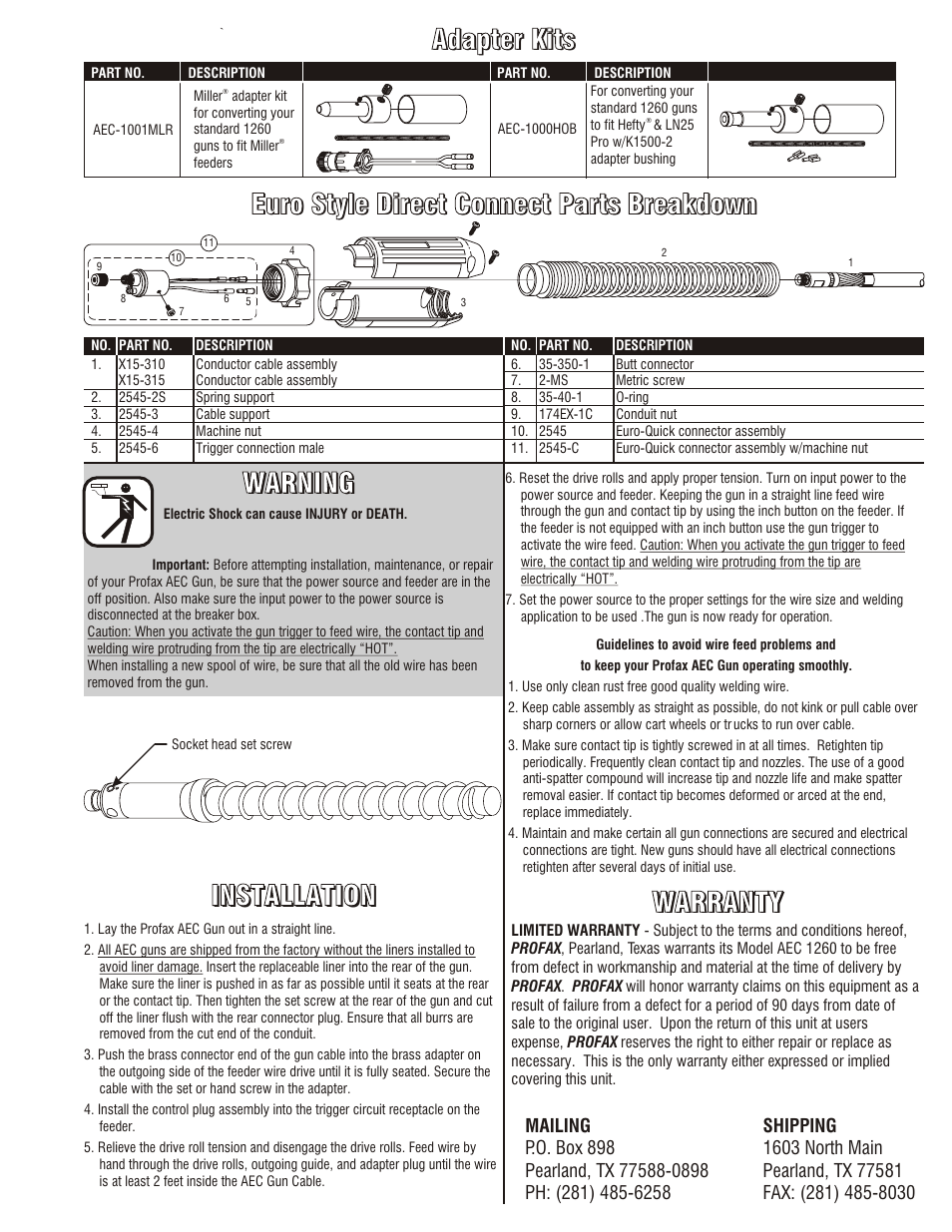 Parts breakdown, Warning, Warranty | Installation | Profax AEC 1260 User Manual | Page 3 / 4