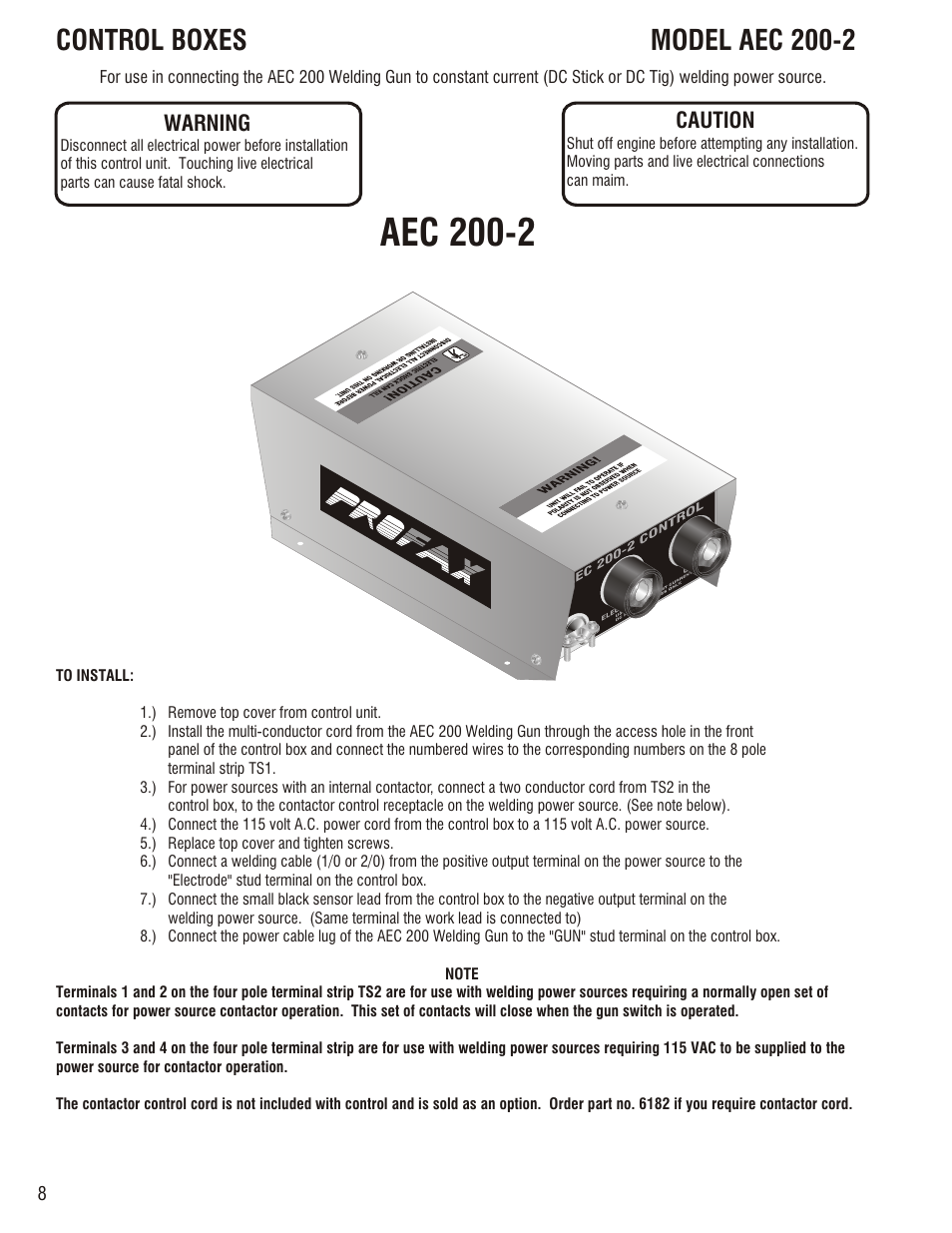Aec 200-2, Control boxes, Model aec 200-2 | Warning, Caution | Profax AEC 200 User Manual | Page 10 / 28