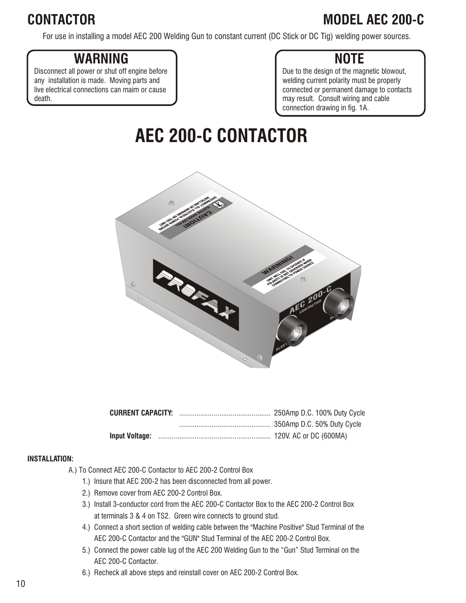 Aec 200-c contactor, Contactor, Model aec 200-c warning | Fi g . 1 a | Profax AEC 200 User Manual | Page 12 / 28