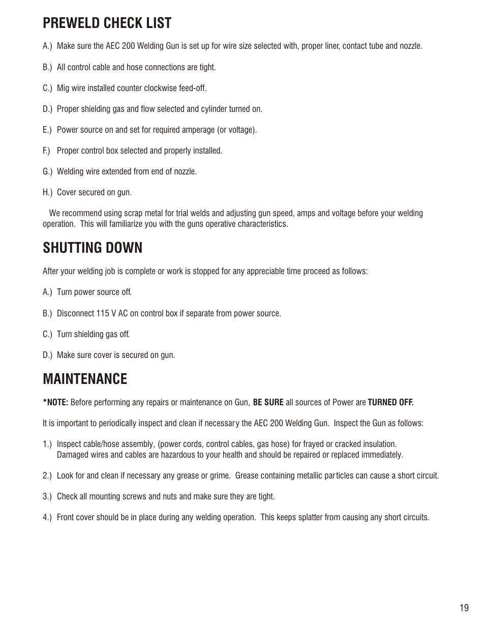 Aec control boxes, Preweld check list, Shutting down | Maintenance, Aec 200-3a, Aec 200-c | Profax AEC 200 User Manual | Page 21 / 28