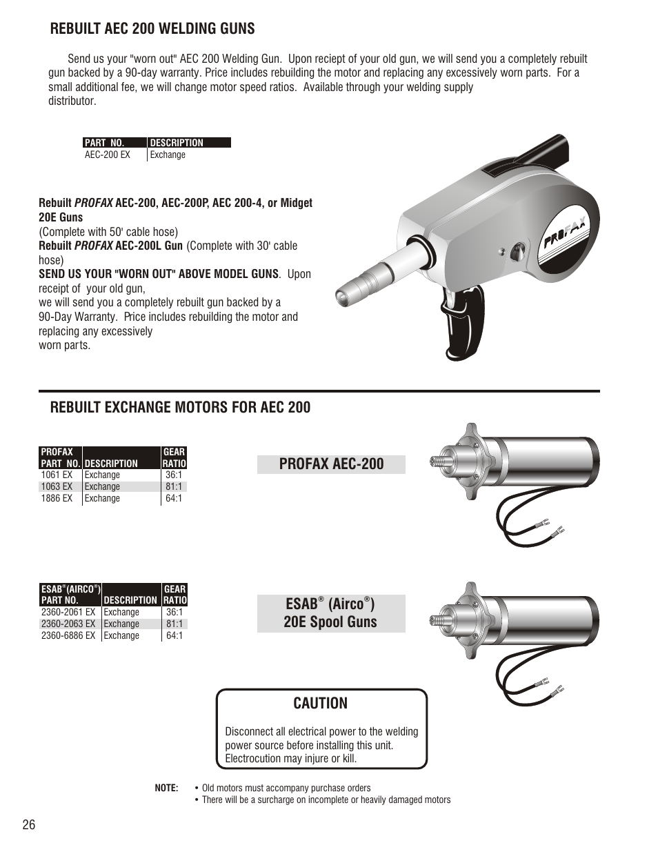 Rebuilt aec 200 welding guns, Rebuilt exchange motors for aec 200 caution | Profax AEC 200 User Manual | Page 28 / 28