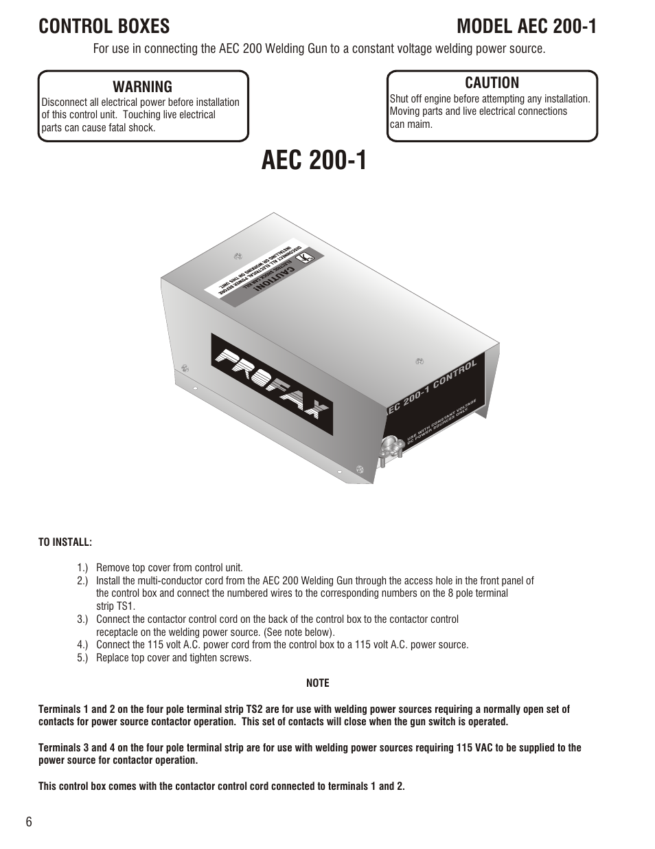 Aec 200-1, Control boxes, Model aec 200-1 | Warning, Caution | Profax AEC 200 User Manual | Page 8 / 28