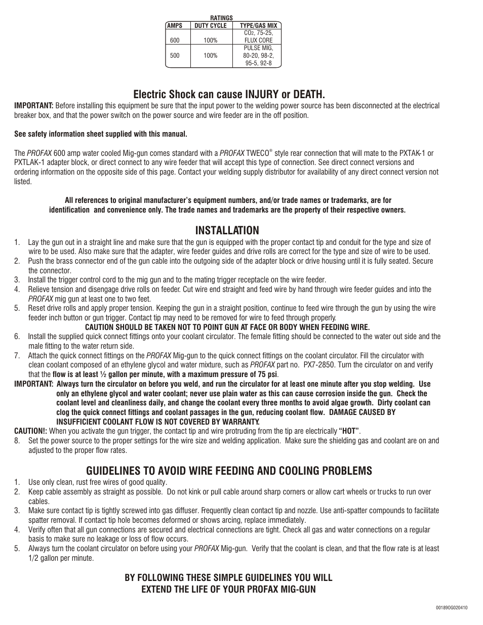 Electric shock can cause injury or death, Installation | Profax 600 AMP WATER COOLED MIG User Manual | Page 2 / 2