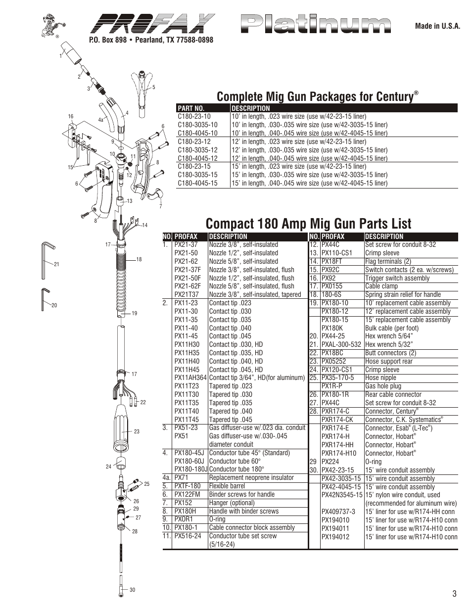 Compact 180 amp mig gun parts list, Complete mig gun packages for euro-quick, Complete mig gun packages for century | Profax 180 AMP COMPACT MIG User Manual | Page 3 / 4