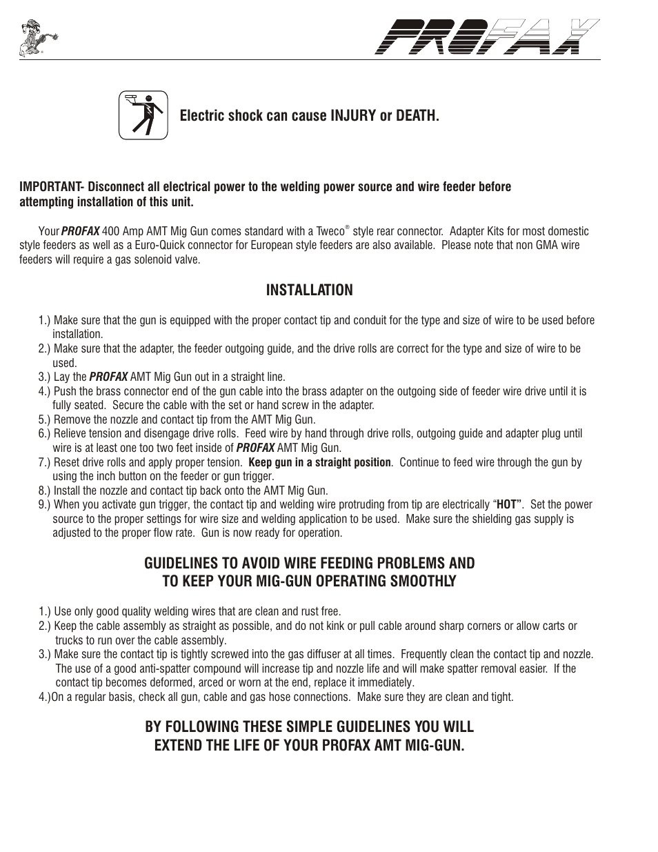 Electric shock can cause injury or death, Installation | Profax 400 AMP AMT User Manual | Page 4 / 4