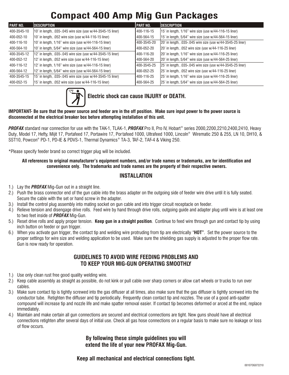 Compact 400 amp mig gun packages, Installation | Profax 400 AMP COMPACT MIG User Manual | Page 2 / 2