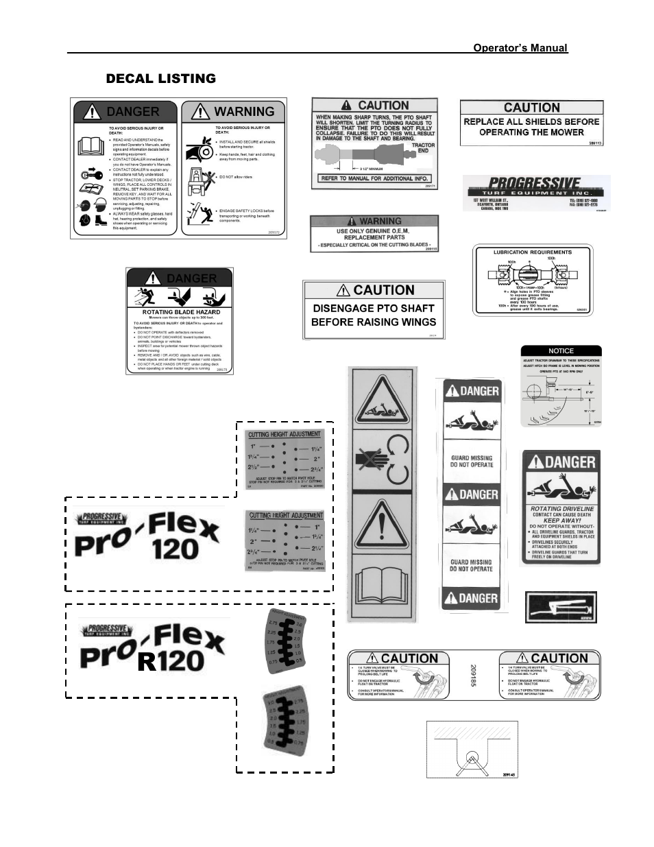 Decal listing, Progressive | Progressive Turf Equipment Pro-Flex 120 14272040 And Above User Manual | Page 21 / 78