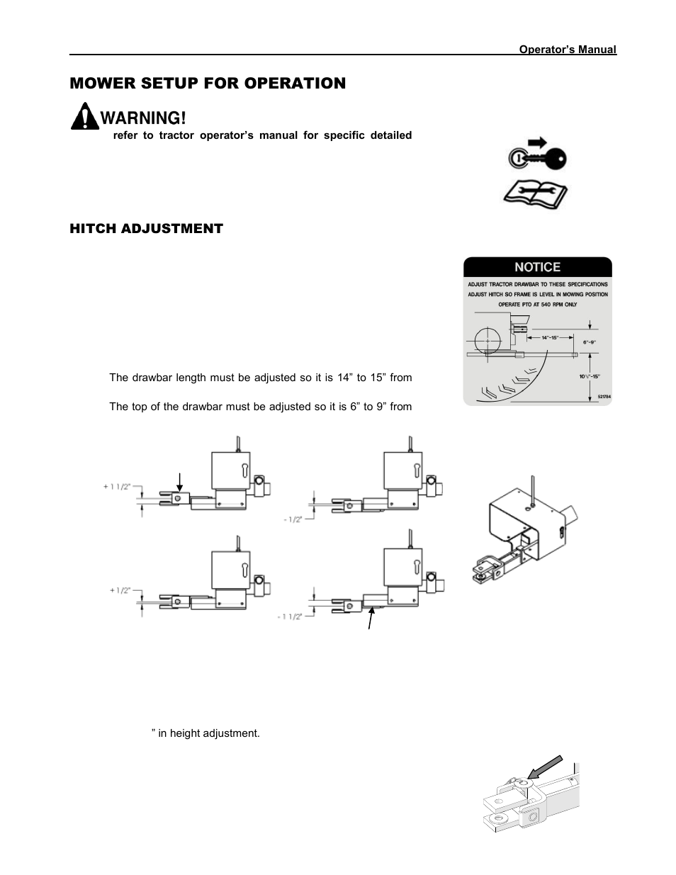 Mower setup for operation, Hitch adjustment | Progressive Turf Equipment Pro-Flex 120 14272040 And Above User Manual | Page 23 / 78