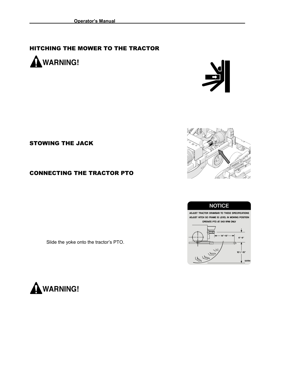 Hitching the mower to the tractor, Stowing the jack, Connecting the tractor pto | Progressive Turf Equipment Pro-Flex 120 14272040 And Above User Manual | Page 24 / 78