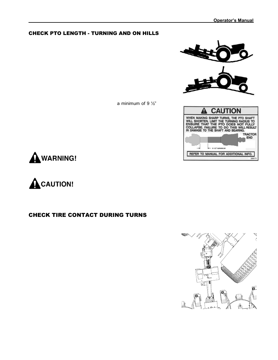 Check pto length - turning and on hills, Check tire contact during turns | Progressive Turf Equipment Pro-Flex 120 14272040 And Above User Manual | Page 27 / 78