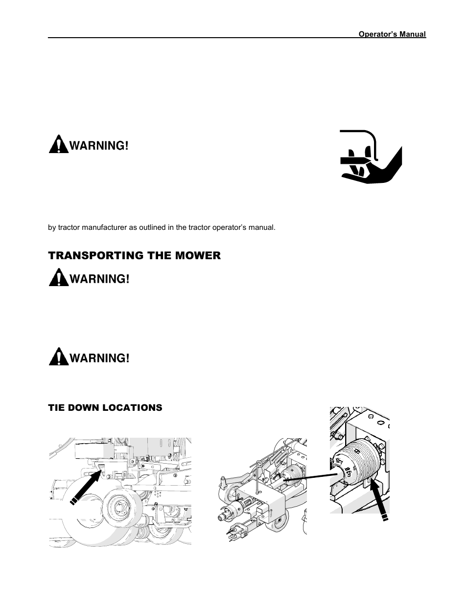 Transporting the mower, Tie down locations | Progressive Turf Equipment Pro-Flex 120 14272040 And Above User Manual | Page 35 / 78