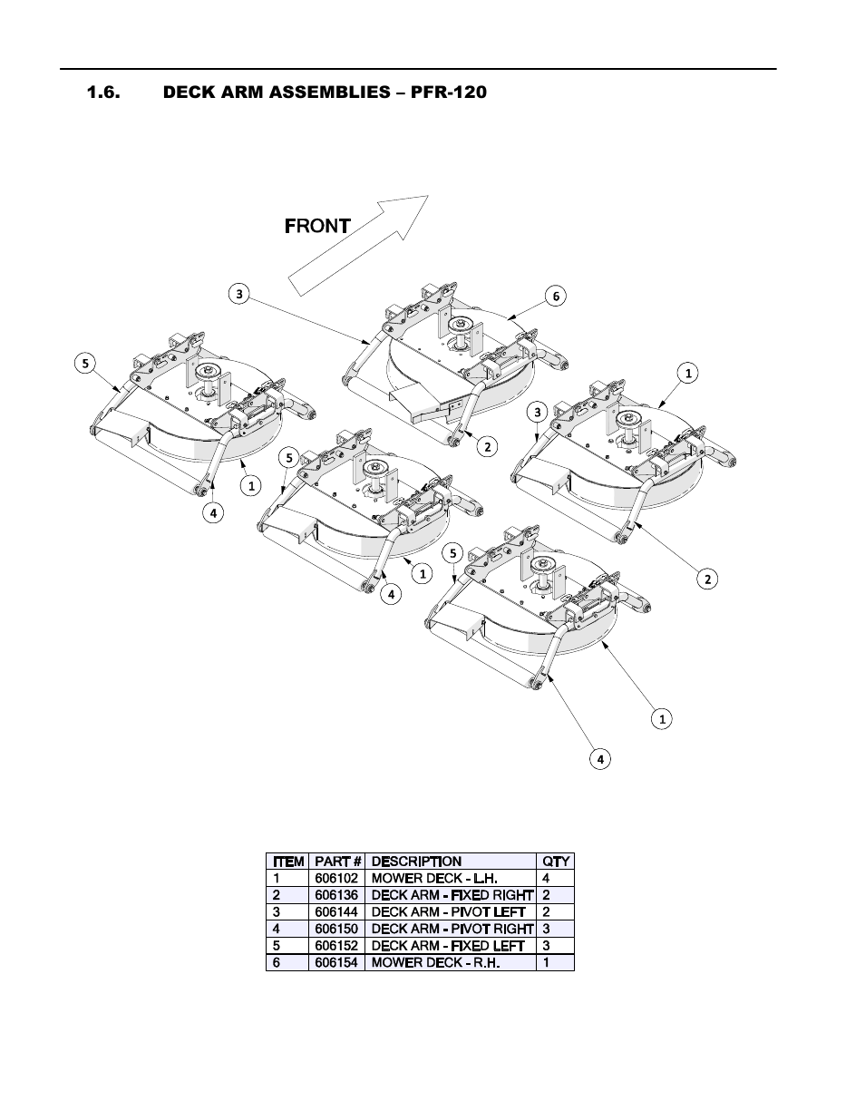 Deck arm assemblies – pfr-120, Deck arm assemblies, Pfr-120 | Progressive Turf Equipment Pro-Flex 120 14272040 And Above User Manual | Page 60 / 78