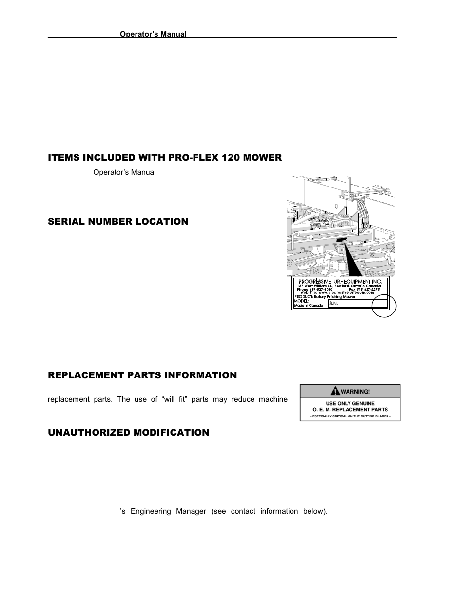 Items included with pro-flex 120 mower, Serial number location, Replacement parts information | Unauthorized modification | Progressive Turf Equipment Pro-Flex 120 14272040 And Above User Manual | Page 8 / 78