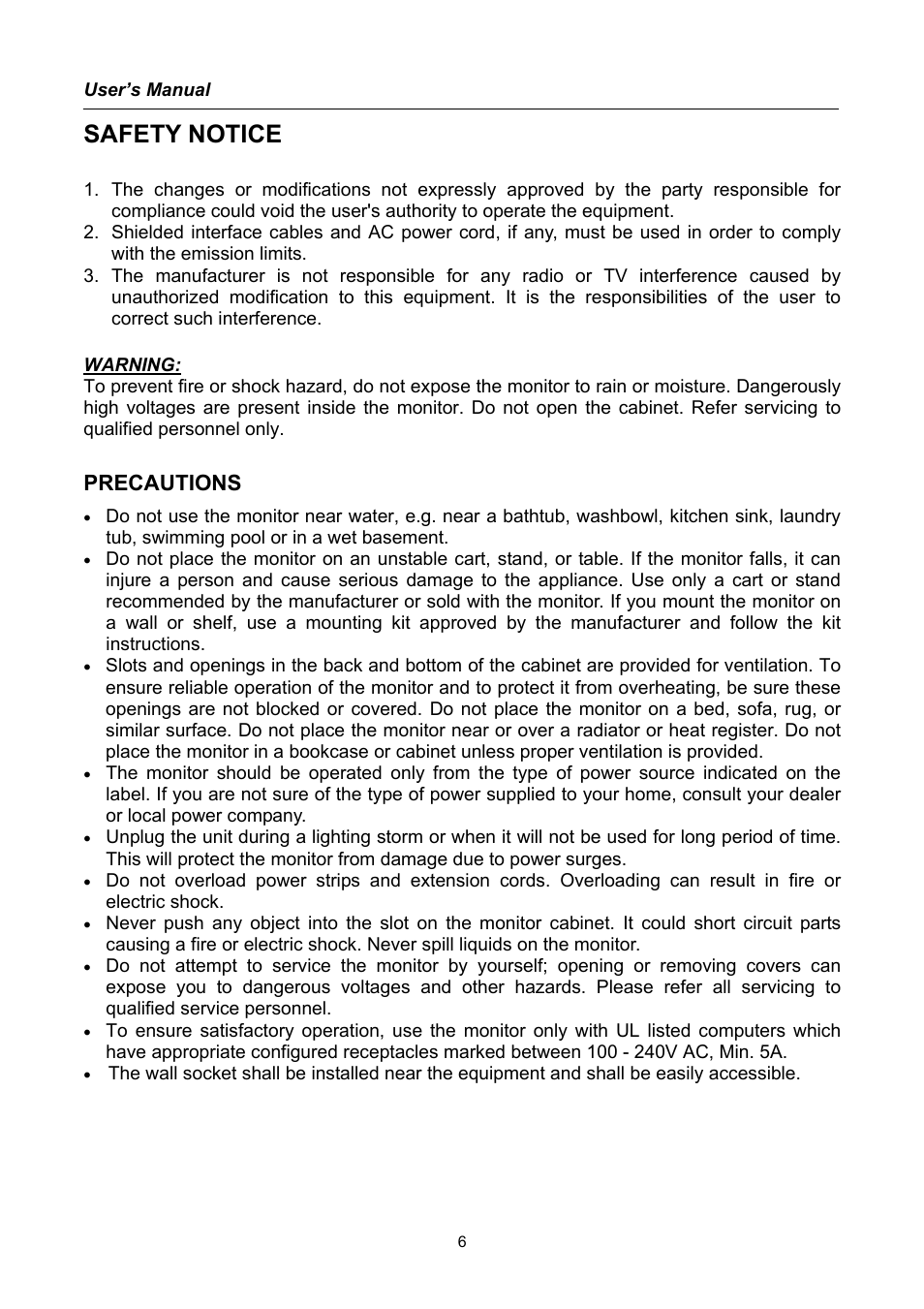 Safety notice, Precautions | Compaq HW191 User Manual | Page 6 / 20