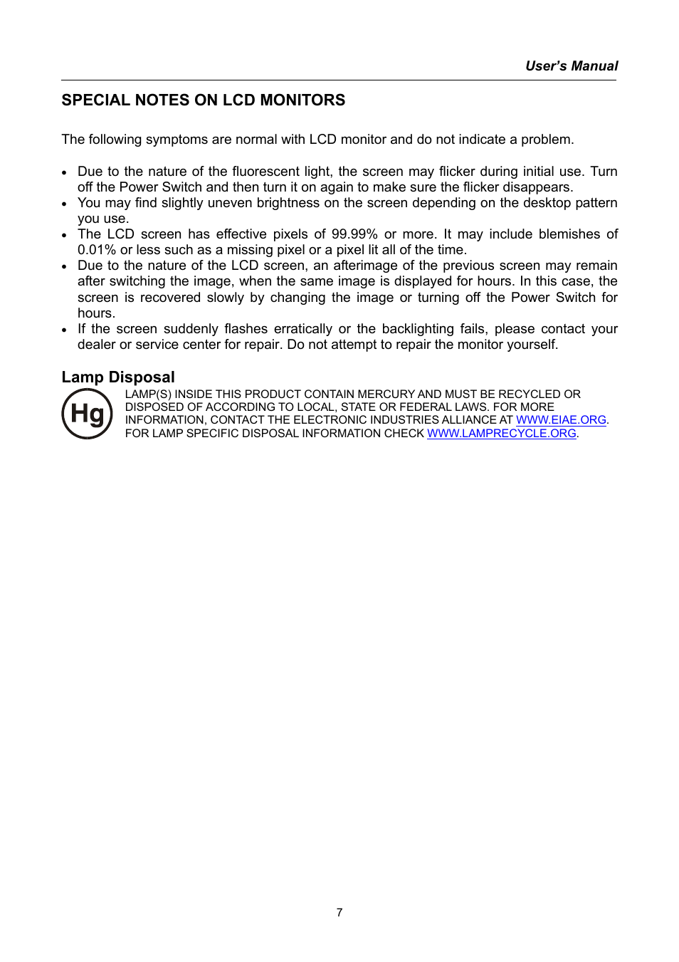 Special notes on lcd monitors, Lamp disposal | Compaq HW191 User Manual | Page 7 / 20
