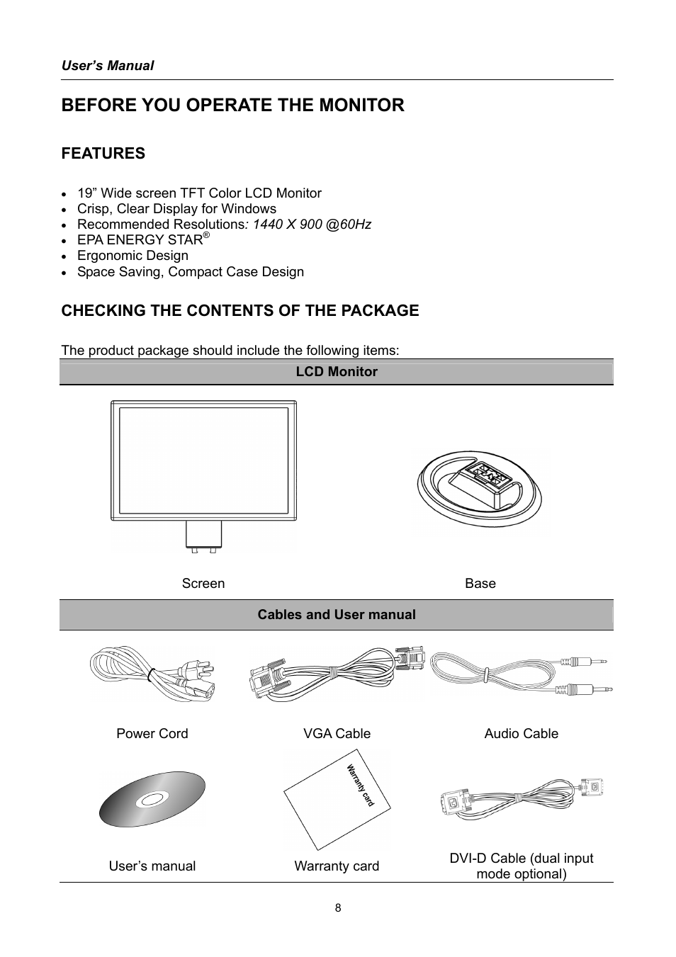 Before you operate the monitor, Features, Checking the contents of the package | Compaq HW191 User Manual | Page 8 / 20