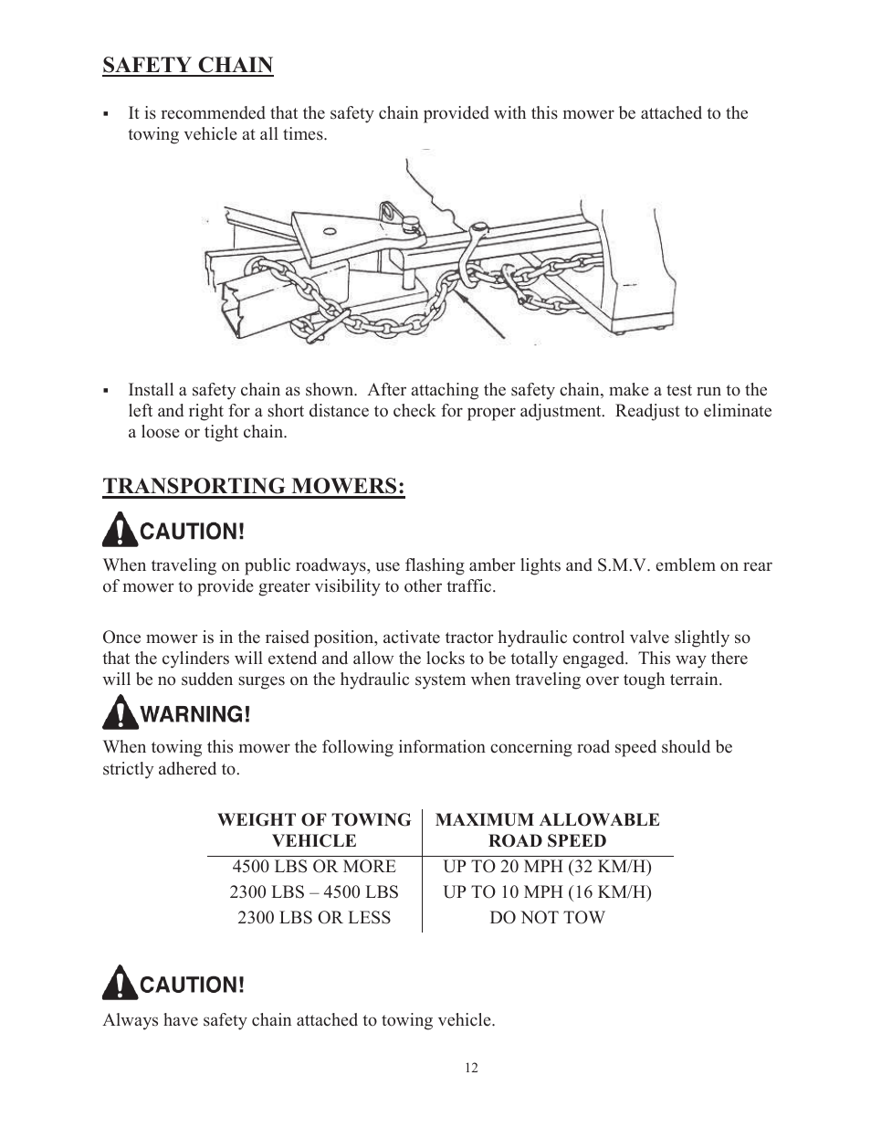 Safety chain, Transporting mowers | Progressive Turf Equipment TD 65-2 Serial Up to 1265-21375 User Manual | Page 15 / 71