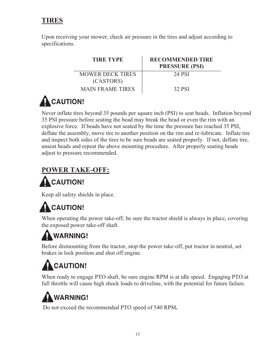 Tires, Power take-off | Progressive Turf Equipment TD 65-2 Serial Up to 1265-21375 User Manual | Page 16 / 71