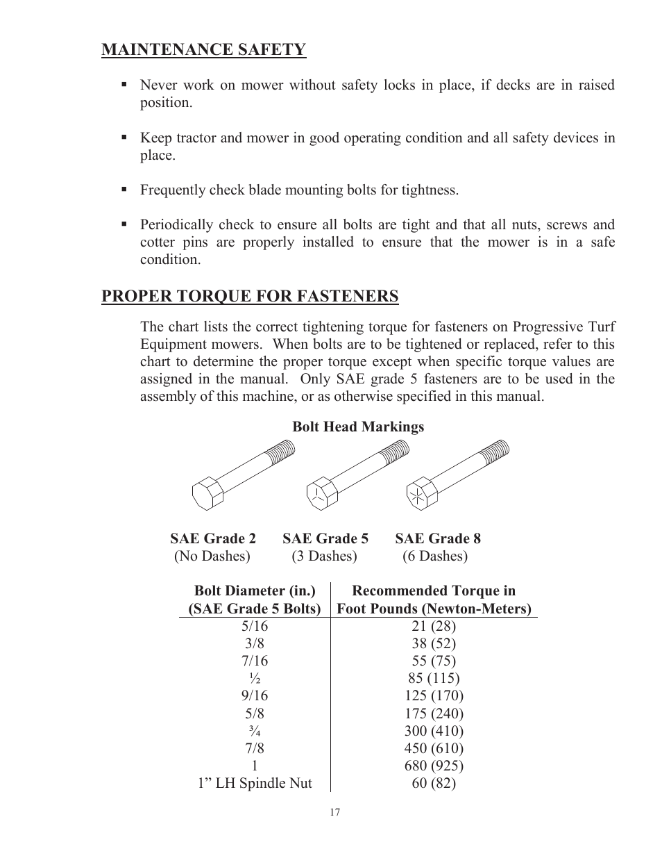 Maintenance safety, Proper torque for fasteners | Progressive Turf Equipment TD 65-2 Serial Up to 1265-21375 User Manual | Page 20 / 71