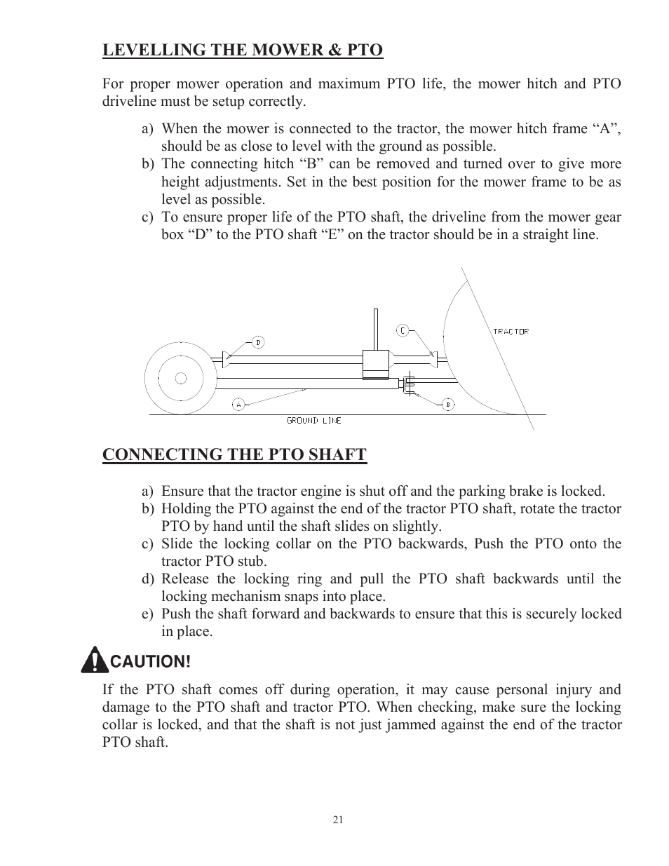 Levelling the mower & pto, Connecting the pto shaft | Progressive Turf Equipment TD 65-2 Serial Up to 1265-21375 User Manual | Page 24 / 71