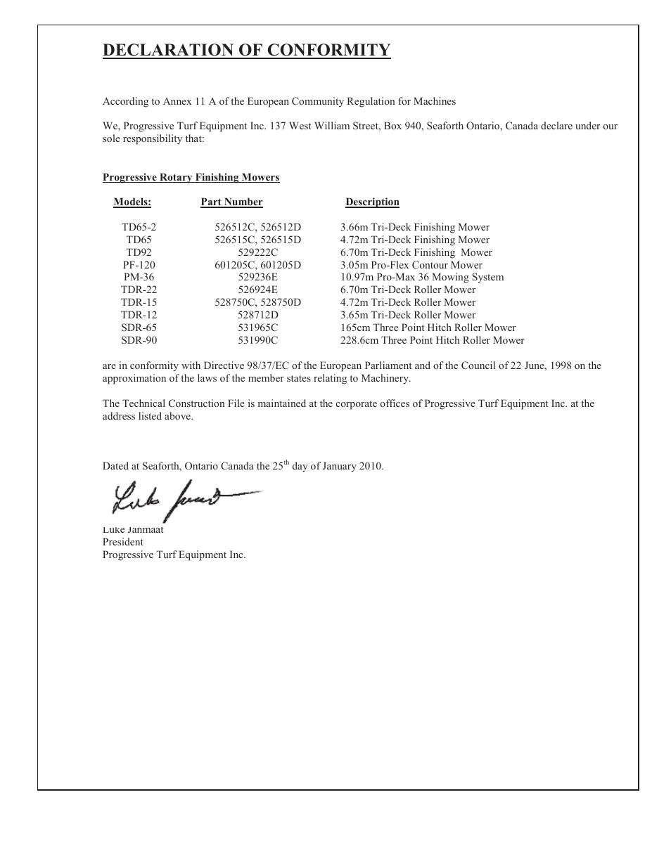 Declaration of conformity | Progressive Turf Equipment TD 65-2 Serial Up to 1265-21375 User Manual | Page 3 / 71