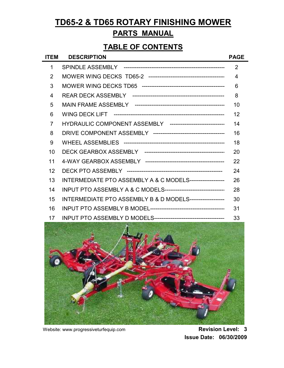 Parts manual table of contents | Progressive Turf Equipment TD 65-2 Serial Up to 1265-21375 User Manual | Page 39 / 71