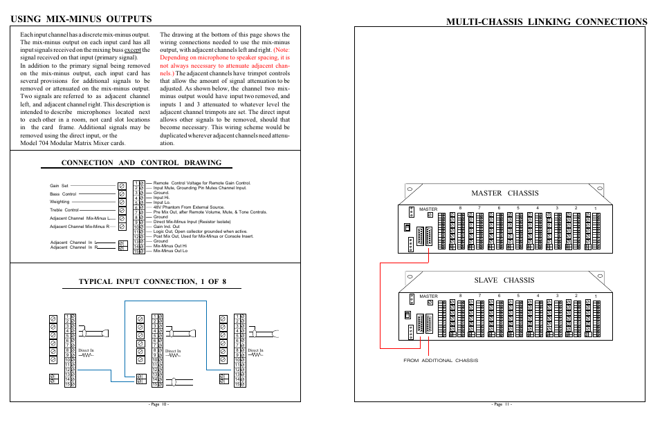 Using mix-minus outputs, Multi-chassis linking connections, Typical input connection, 1 of 8 | Connection and control drawing, Slave chassis master chassis | Protech Audio 2000 User Manual | Page 10 / 10