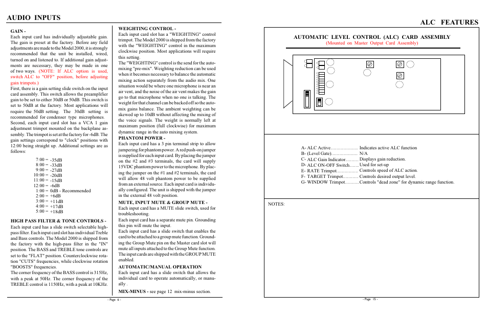 Audio inputs, Alc features, Automatic level control (alc) card assembly | Protech Audio 2000 User Manual | Page 6 / 10