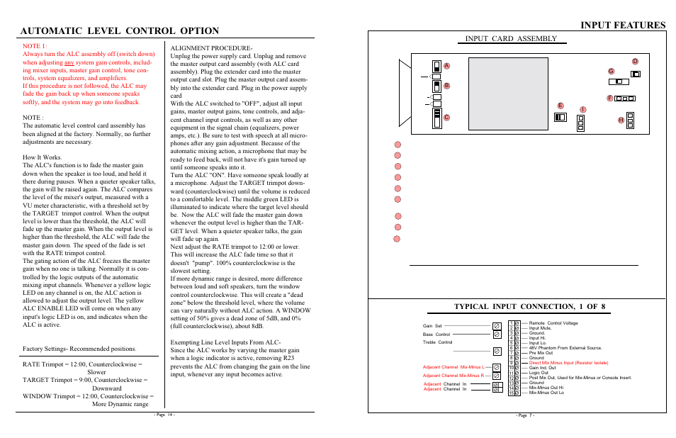 Automatic level control option, Input features, Input card assembly | Typical input connection, 1 of 8 | Protech Audio 2000 User Manual | Page 7 / 10