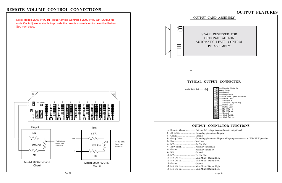 Output features, Remote volume control connections, Output card assembly | Typical output connector, Output connector functions | Protech Audio 2000 User Manual | Page 9 / 10