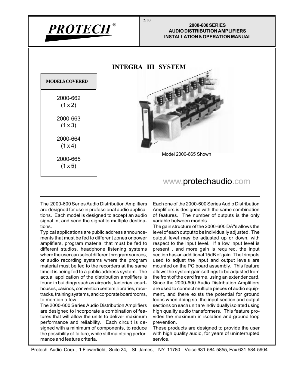 Protech Audio 2000-600 SERIES Distribution Amp. Card User Manual | 3 pages