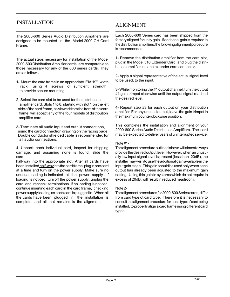 Installation, Alignment | Protech Audio 2000-600 SERIES Distribution Amp. Card User Manual | Page 2 / 3