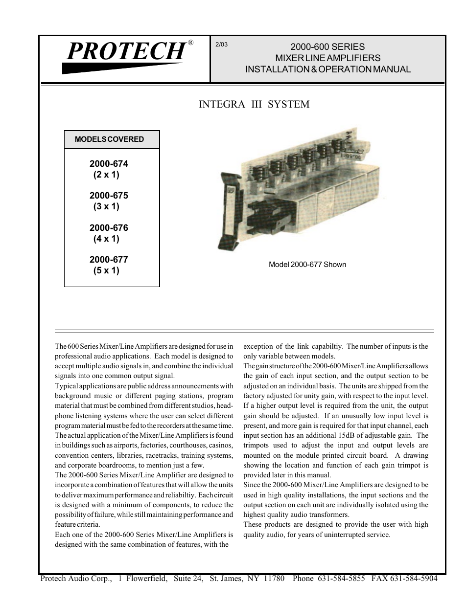 Protech Audio 2000-600 SERIES Mixer/Line Amp. Card User Manual | 3 pages