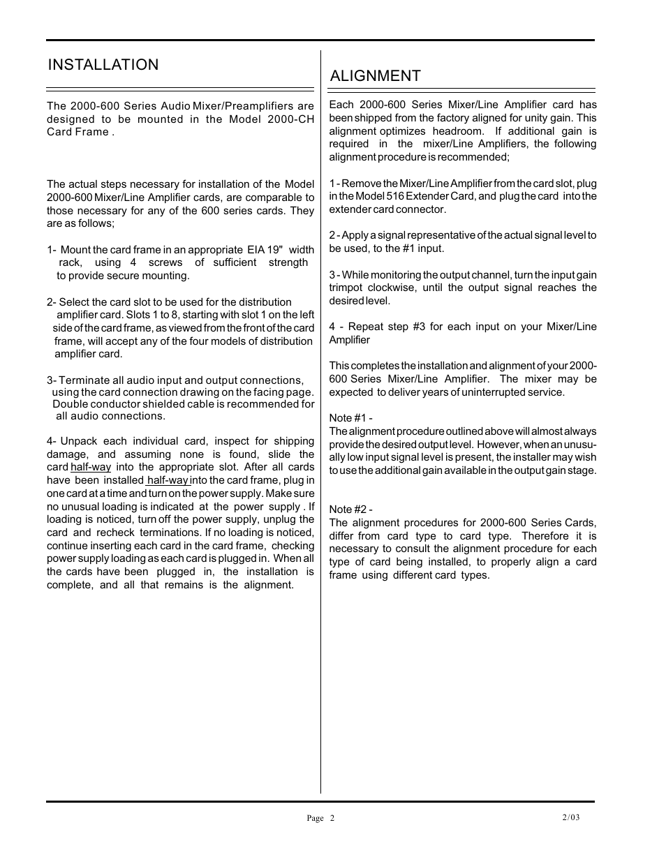 Installation, Alignment | Protech Audio 2000-600 SERIES Mixer/Line Amp. Card User Manual | Page 2 / 3