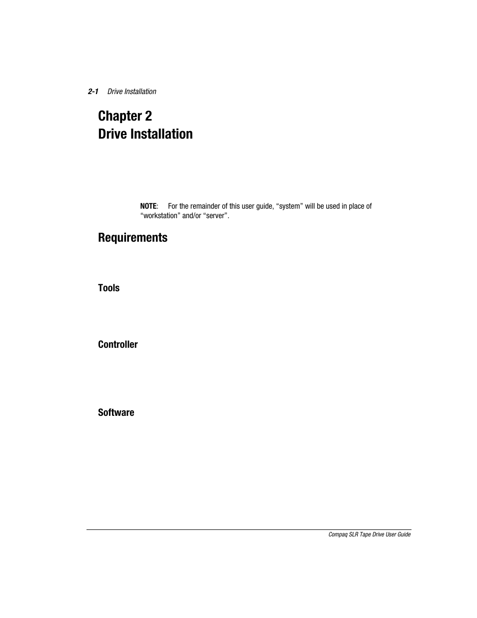 Chapter 2: drive installation, Chapter 2, Drive installation | Chapter 2 drive installation, Requirements, Tools, Controller, Software | Compaq 340622-002 User Manual | Page 13 / 79