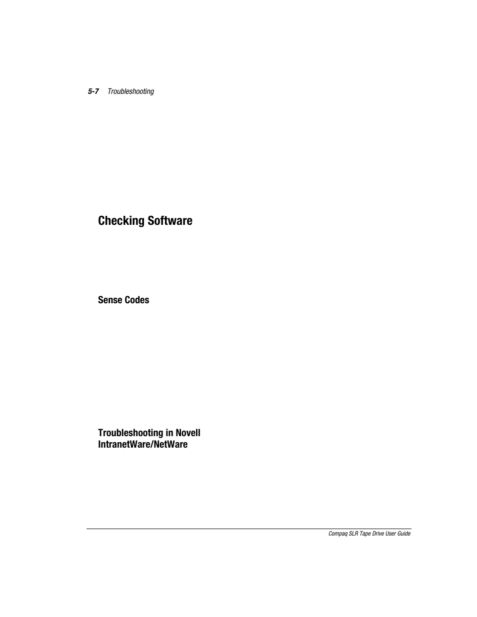 Checking software, Sense codes, Troubleshooting in novell intranetware/netware | Compaq 340622-002 User Manual | Page 48 / 79