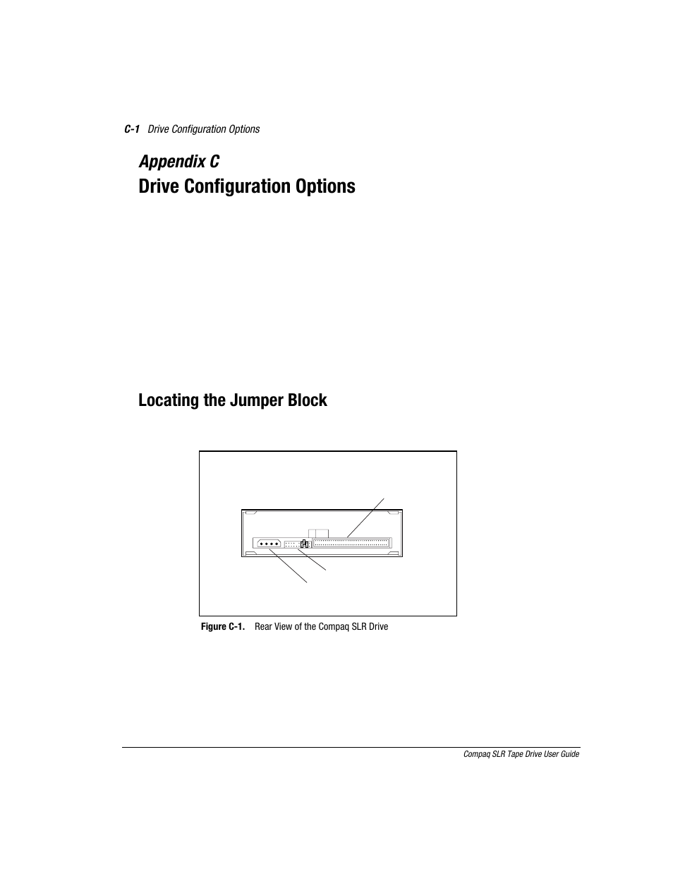 Appendix c: drive configuration options, Drive configuration options, Appendix c | Locating the jumper block | Compaq 340622-002 User Manual | Page 72 / 79